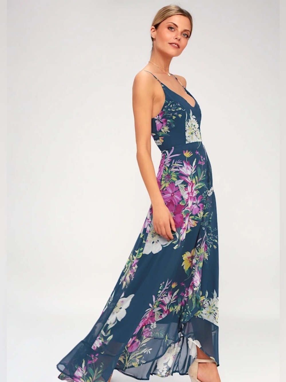 Lulus Passion Island teal purple ruffle trim floral chiffon maxi dress, M
